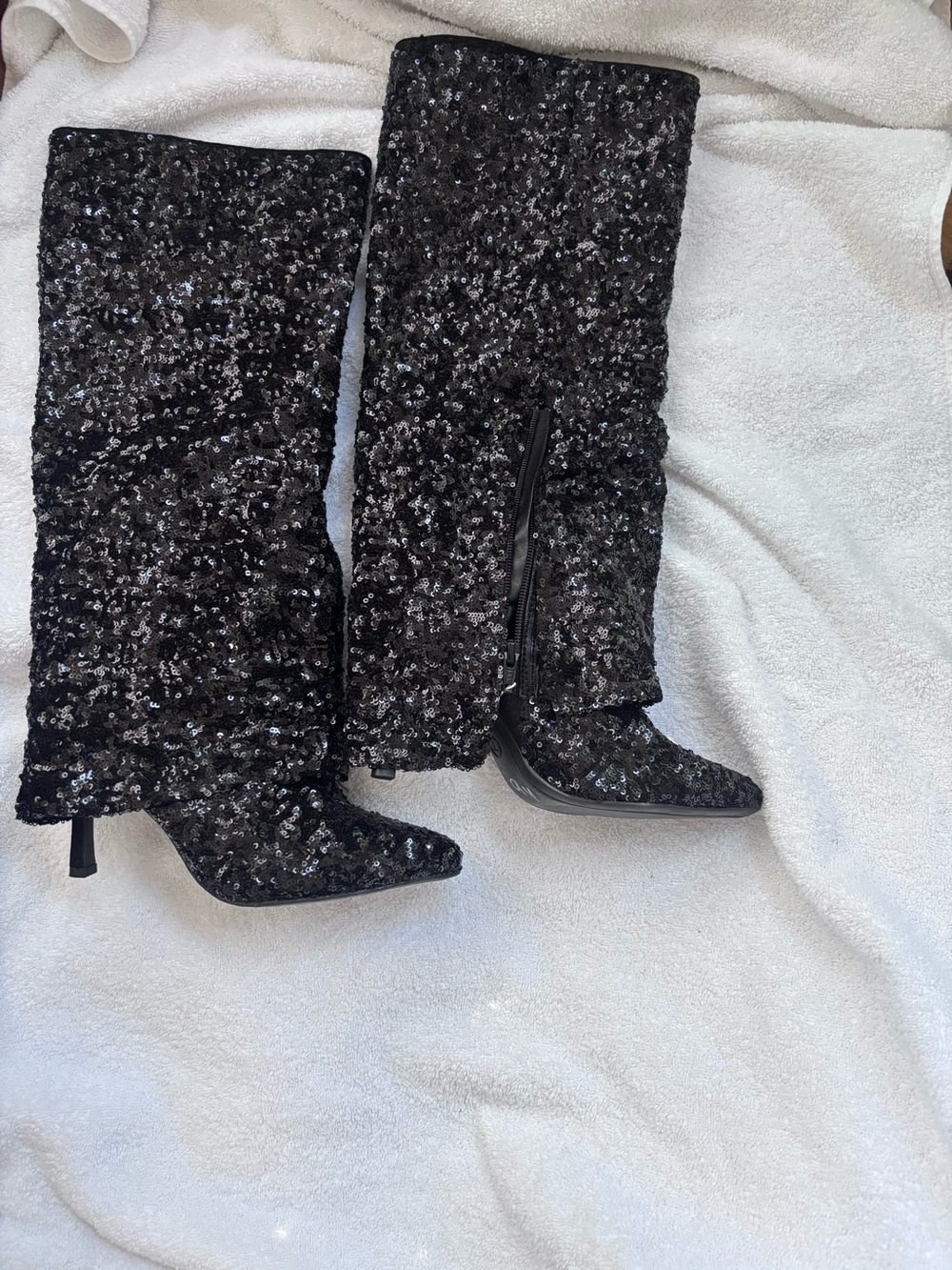 Sequin Embellished Black Knee-High Boots - Women's